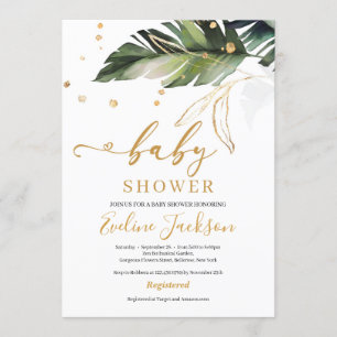 Tropische Sommerdusche und Blätter mit goldener Mä Einladung