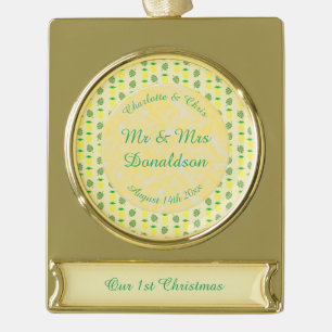 Tropische Sommerhochzeitpinienbäume und Palmen-Blä Banner-Ornament Gold