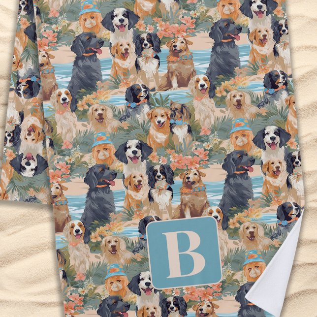 Tropische Sommerhunde Monogramm farbiges Muster Strandtuch (Von Creator hochgeladen)