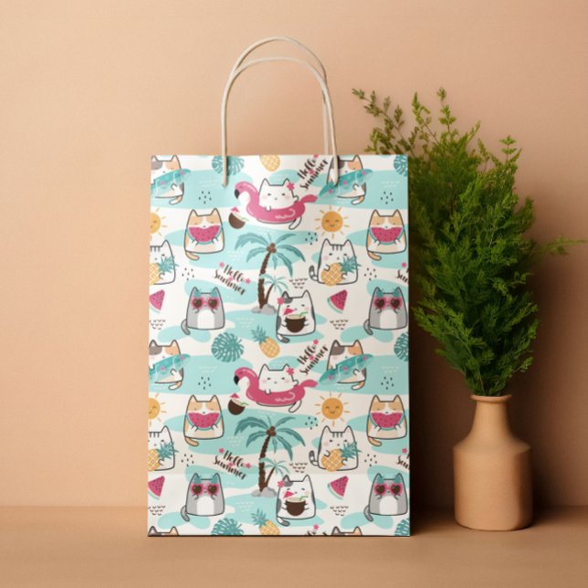 Tropische Sommerkatzen pastellrosa Mittlere Geschenktüte (Summer tropical cats pastel pink medium gift bag)
