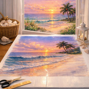 Tropische Sonnenaufgang Strand Wasserfarben Kunst Seidenpapier