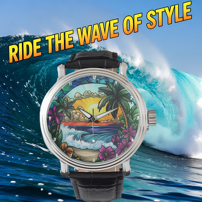 Tropische Sonnenuntergangs-Oase Lebendige Strandwa Armbanduhr (Von Creator hochgeladen)