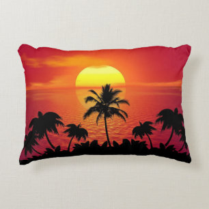 Tropische Sonnenuntergangs-Palmen Silhouette Stran Dekokissen