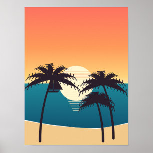 Tropische Sonnenuntergangs-Palmen und Segelboot Poster
