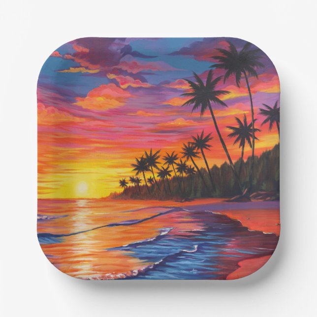 Tropische Sonnenuntergangs-Papierteller Pappteller (Vorderseite)