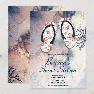Tropische Strand-Korallen-Flip-Flops Sweet 16 Part Einladung