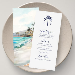 Tropische Strand-Monogramm-Hochzeit in Meeresruhe Menükarte