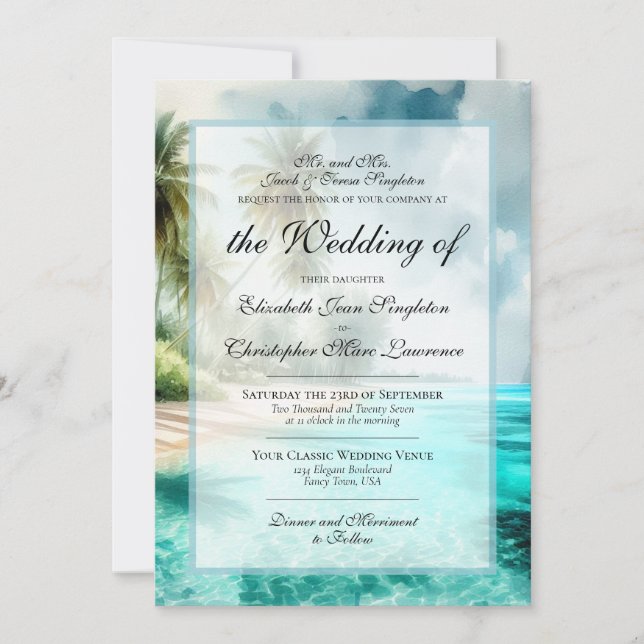 Tropische Strand- & Palmen-Hochzeit im klassischen Einladung (Vorderseite)