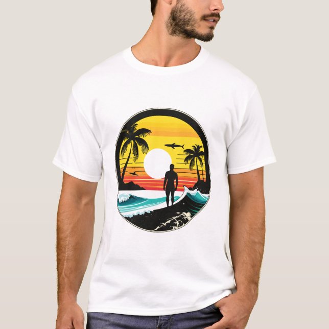 Tropische Strand-Sonnenuntergangs-Silhouette Retro T-Shirt (Vorderseite)