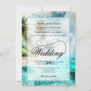 Tropische Strand-Wasserfarbe-Fancy-Script-Hochzeit Einladung