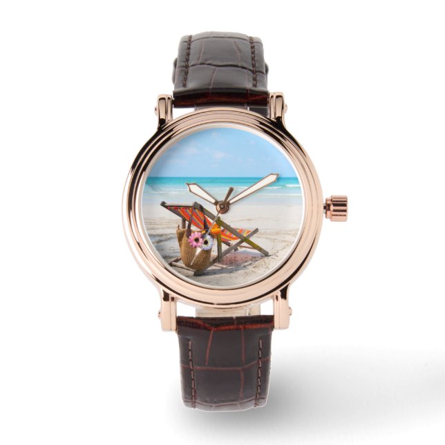 Tropische Strände | Strandstuhl auf Sand Armbanduhr (Vorderseite)