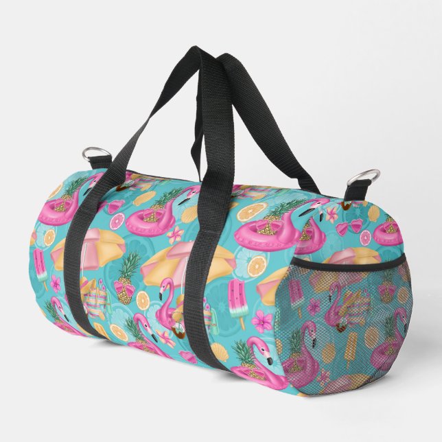 Tropische Strandelemente rosa Flamingo Muster Duffle Bag (Rechte Ecke)