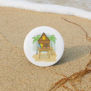 Tropische Strandhütte Surfboards und Palmen Button
