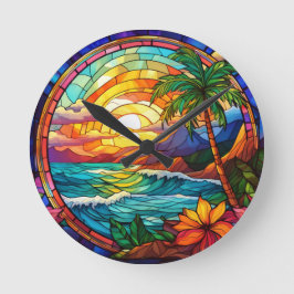 Tropische Strandklippen, Buntglaskunst Runde Wanduhr