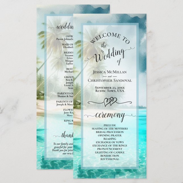 Tropische Strandküstenpalmen Elegante Hochzeit Programm (Vorne/Hinten)
