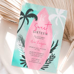 Tropische Strandpalme Süß 16 Einladung<br><div class="desc">Ein tropischer Strand zum Thema 16 . Geburtstag Geburtstag Einladung mit einem coolen rosa Surfbrett mit editierbaren tropischen Palmen,  Palmen Blätter,  auf einem blau türkisfarbenen Waschbecken,  fügen Sie Ihr Foto auf der Rückseite. Perfekt für den Sommer süß 16 Party.</div>