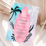 Tropische Strandpalme Süß 16 Einladung<br><div class="desc">Ein tropischer Strand zum Thema 16 . Geburtstag Geburtstag Einladung mit einem coolen rosa Surfbrett mit editierbaren tropischen Palmen,  Palmen Blätter,  auf einem lila,  blauen Aquarell,  fügen Sie Ihr Foto auf der Rückseite. Perfekt für den Sommer süß 16 Party.</div>