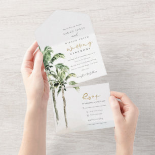 Tropische Strandpalmen Aquarell-Hochzeit All In One Einladung