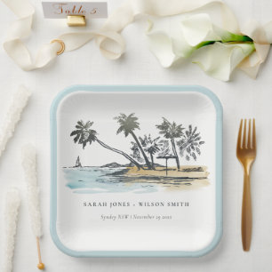 Tropische Strandpalmen Skizze Aquarell Hochzeit Pappteller
