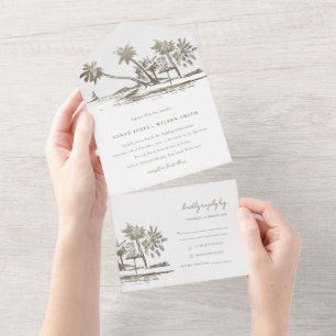 Tropische Strandpalmen Skizze Blassgold Hochzeit All In One Einladung