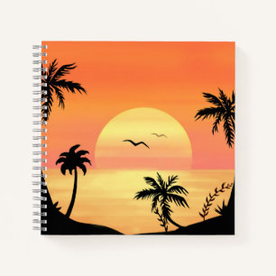 Tropische Strandsonnenuntergang Palmenbaum Silhoue Notizbuch