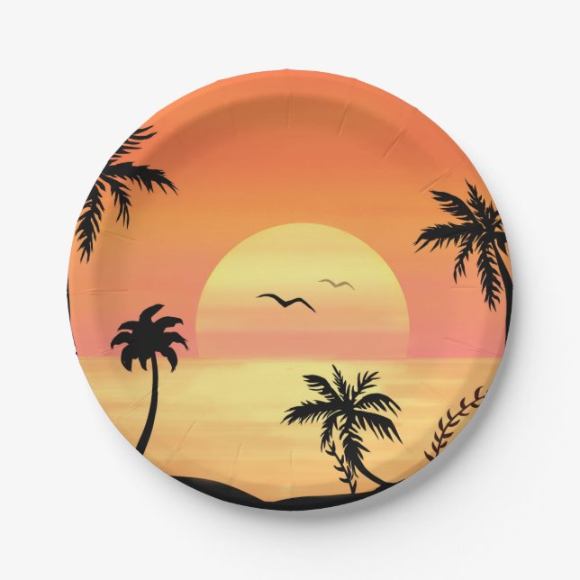 Tropische Strandsonnenuntergangs-Palmenbaum-Silhou Pappteller (Vorderseite)