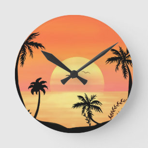Tropische Strandsonnenuntergangs-Palmenbaum-Silhou Runde Wanduhr