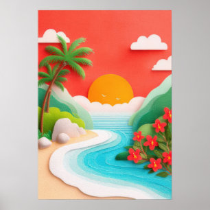 Tropische Strandszene mit Palmen und Hibiskus Poster