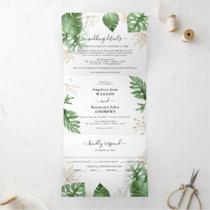 Tropische Strandvegetation & Gold Elegante Hochzei Dreifach Gefaltete Einladung