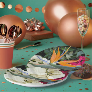 Tropische Strelitzie und Weihnachtssterne Pappteller