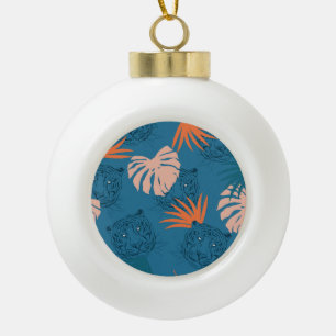 Tropische Tiger-Blätter Deep Blue Keramik Kugel-Ornament