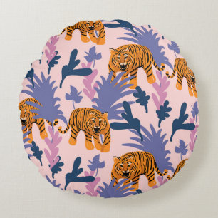Tropische Tiger-Dschungel-Vintage-Muster Rundes Kissen