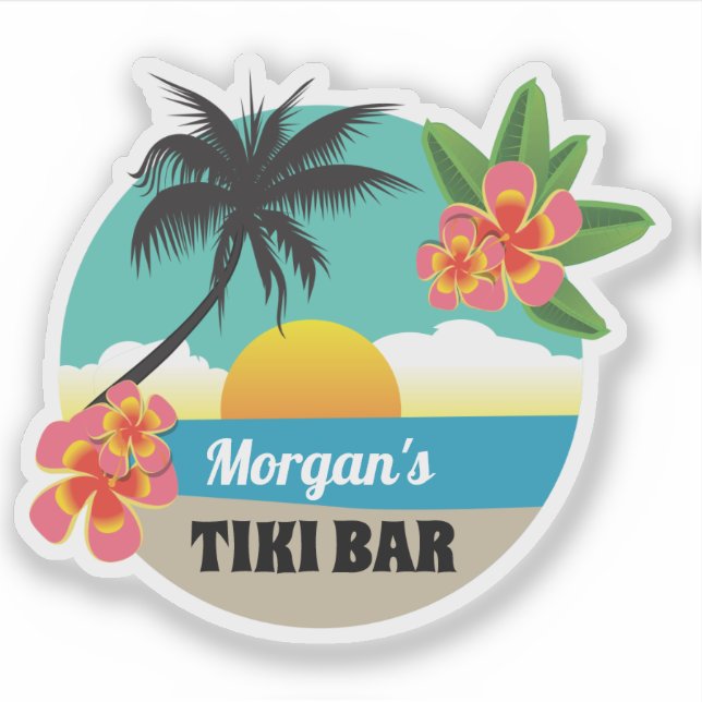 Tropische Tiki Bar mit Namen, Sonnenuntergang, Pal Aufkleber (Vorderseite)