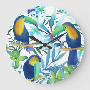 Tropische Toucans: Exotische Blume Muster. Große Wanduhr