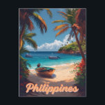 Tropische Träume: Vintage Philippinen Postkarte<br><div class="desc">Mit dieser Vintage-Reiseplakatkarte gelangen Sie zu den sonnenverwöhnten Küsten der Philippinen. Palmen versetzen sich gegen den zauberhaften Himmel und laden Sie ein,  unberührte Strände und eine lebendige Kultur zu erkunden. Egal,  ob Sie Wanderer oder Sammler sind,  diese Postkarte erfasst das Wesen des Paradieses.</div>