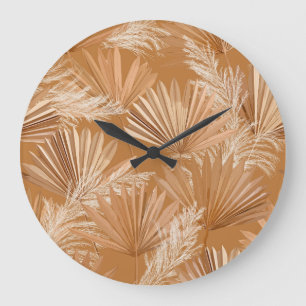 Tropische trockene Palmen: Wasserfarbe Boho. Große Wanduhr