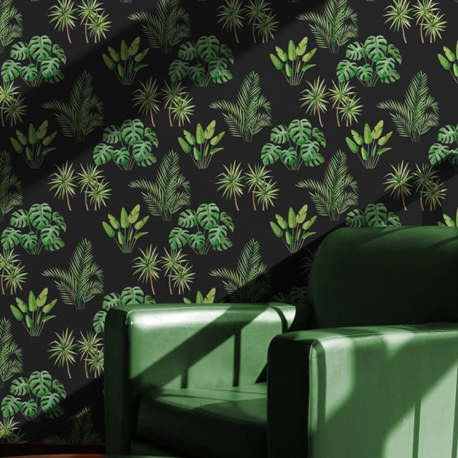 Tropische Vegetation auf schwarzem Muster Tapete (Moody Tropical Greenery Pattern on Black Wallpaper)