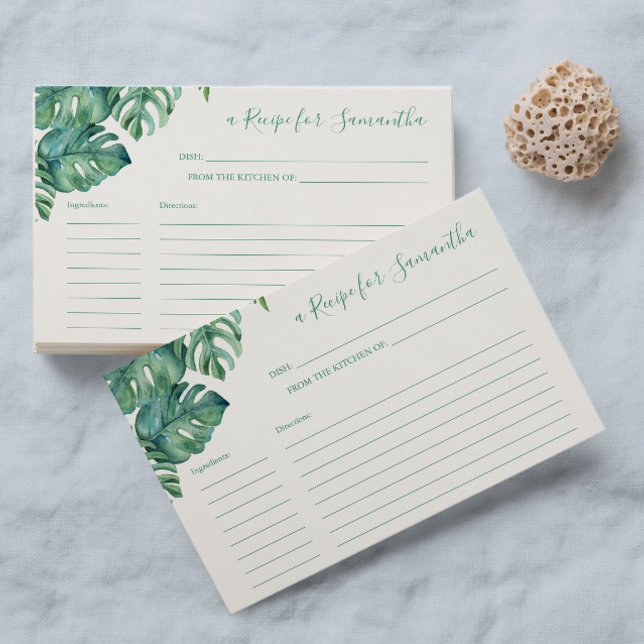 Tropische Vegetation Einladung (Recipe cards for bridal shower watercolor tropical monstera palm leaf art by Victoria Grigaliunas )