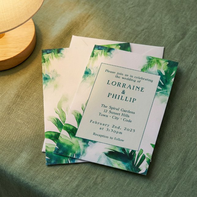 Tropische Vegetation Elegant Botanisches Grün Einladung (Tropical Greenery Elegant Botanical leafy green Invitation)