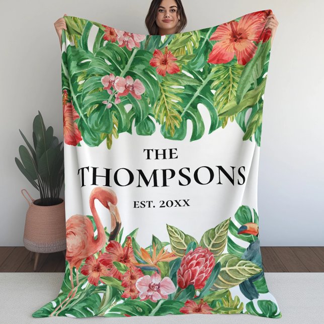 Tropische Vegetation Foliage Pink Flamingo Familie Fleecedecke (Von Creator hochgeladen)