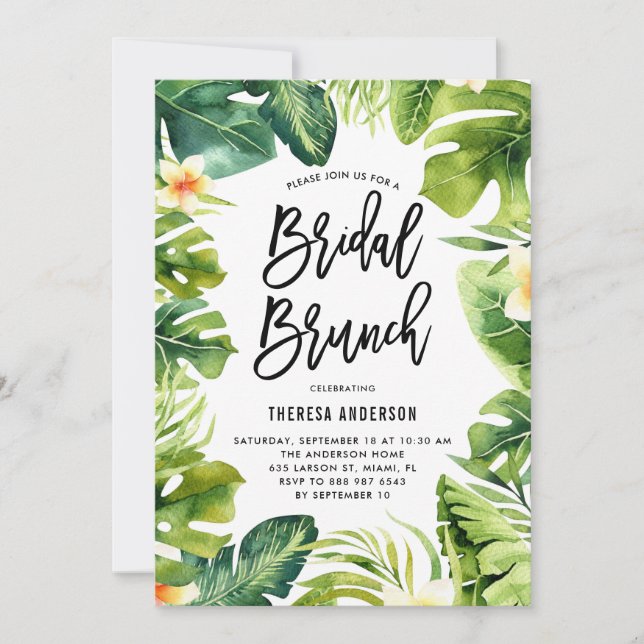 Tropische Vegetation und Plumeria Bridal Brunch Einladung (Vorderseite)