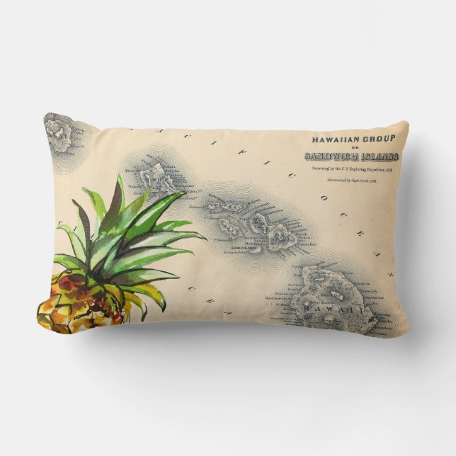 Tropische Vintage hawaiische Insel-Ananas-Karte Lendenkissen (Vorderseite)