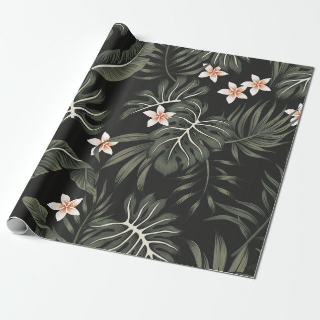 Tropische Vintage Plumeria Blume, Strelitzia, Palm Geschenkpapier (Ungerollt)