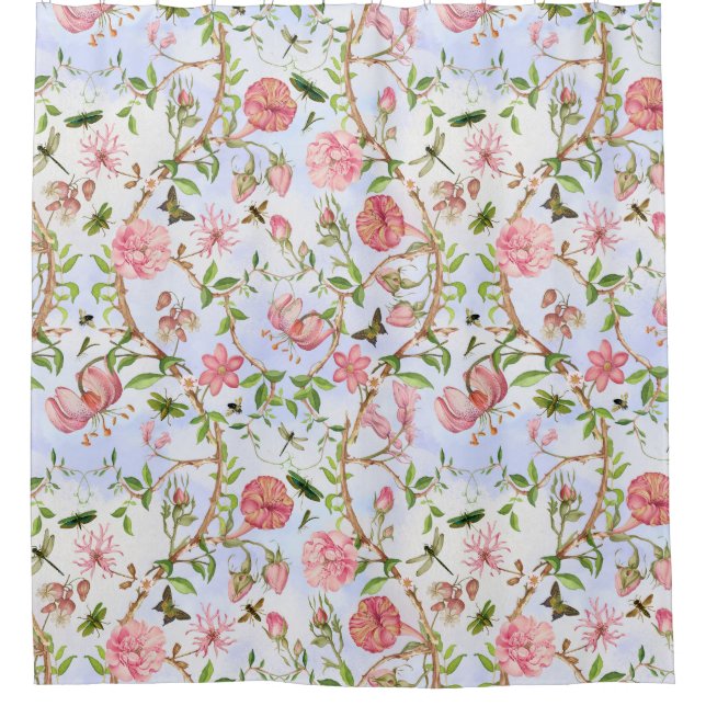 Tropische Vintage Schmetterlinge Garten Chinoiseri Duschvorhang (Vorderseite)