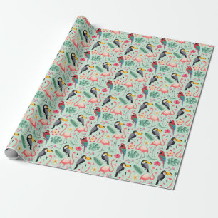 Tropische Vögel, Blumen, Wasserfarbenmuster. Geschenkpapier