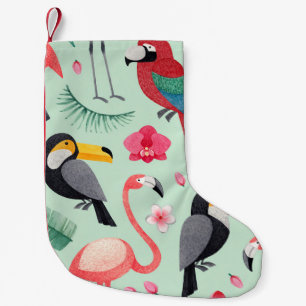 Tropische Vögel, Blumen, Wasserfarbenmuster. Kleiner Weihnachtsstrumpf