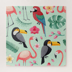 Tropische Vögel, Blumen, Wasserfarbenmuster. Puzzle