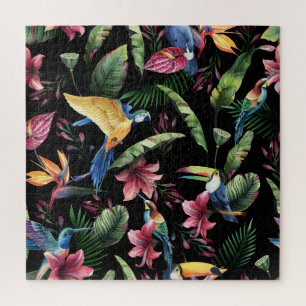 Tropische Vögel, Blumen: Wasserfarbenmuster. Puzzle