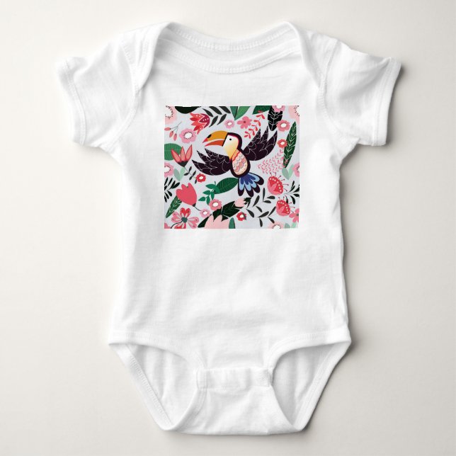 Tropische Vögel, Blumenmuster. Baby Strampler (Vorderseite)