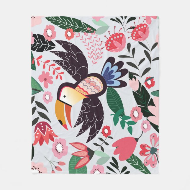 Tropische Vögel, Blumenmuster. Fleecedecke (Vorderseite)